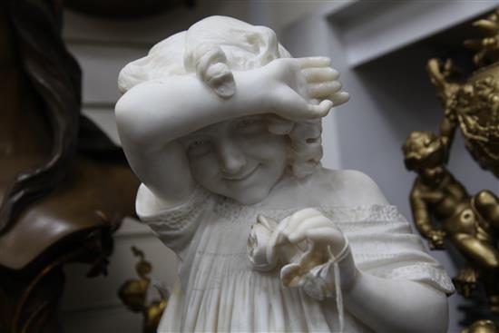 A late Victorian carved alabaster bust of a young girl holding a rose, 19in.